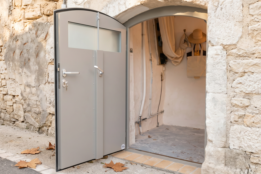 AquaLOCK® Door with viewing window in a basement opening, interior view
